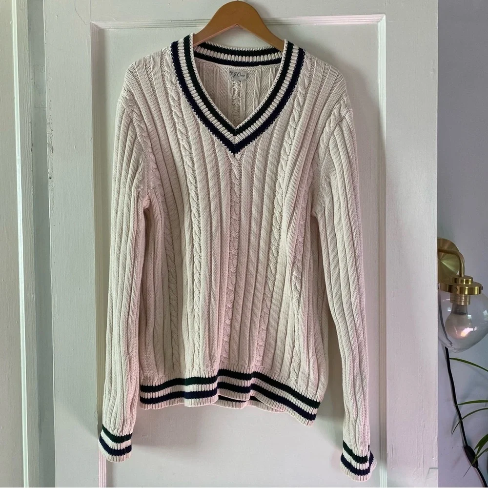 J. Crew Cream Cable-Knit V-Neck Sweater with Navy & Forest Stripes